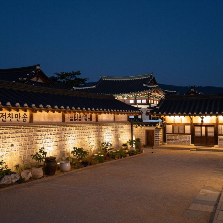 전주 한옥마을 밤 풍경과 경기전 야간 조명이 어우러진 모습