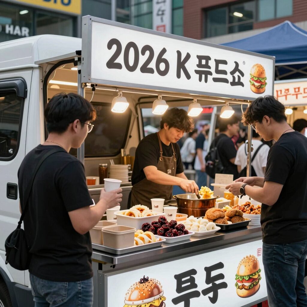 2026 K푸드쇼 행사장 푸드트럭 존에서 다양한 K스트리트푸드를 판매하는 모습