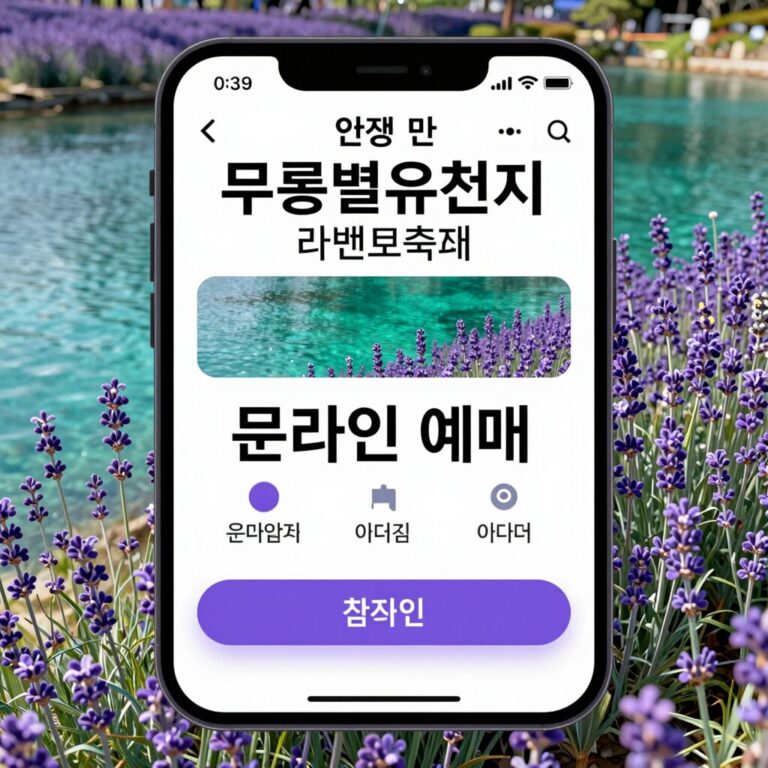 무릉별유천지 라벤더축제 입장권 온라인 예매 화면과 에메랄드빛 호수 배경