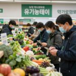 농협 하나로마트 유기농데이 할인 행사장에서 신선한 친환경 농산물을 고르는 사람들의 모습