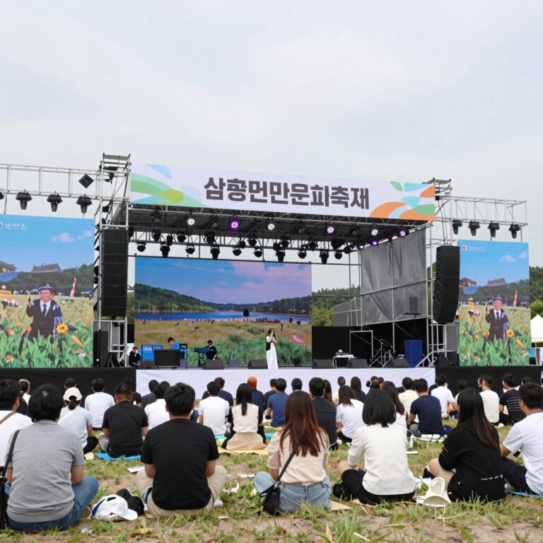 속초 엑스포잔디광장에서 열리는 실향민문화축제 메인무대와 관람객들 모습