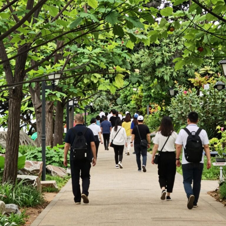 순천만국가정원 초여름 녹음이 우거진 산책길에서 사람들이 걸어가는 모습