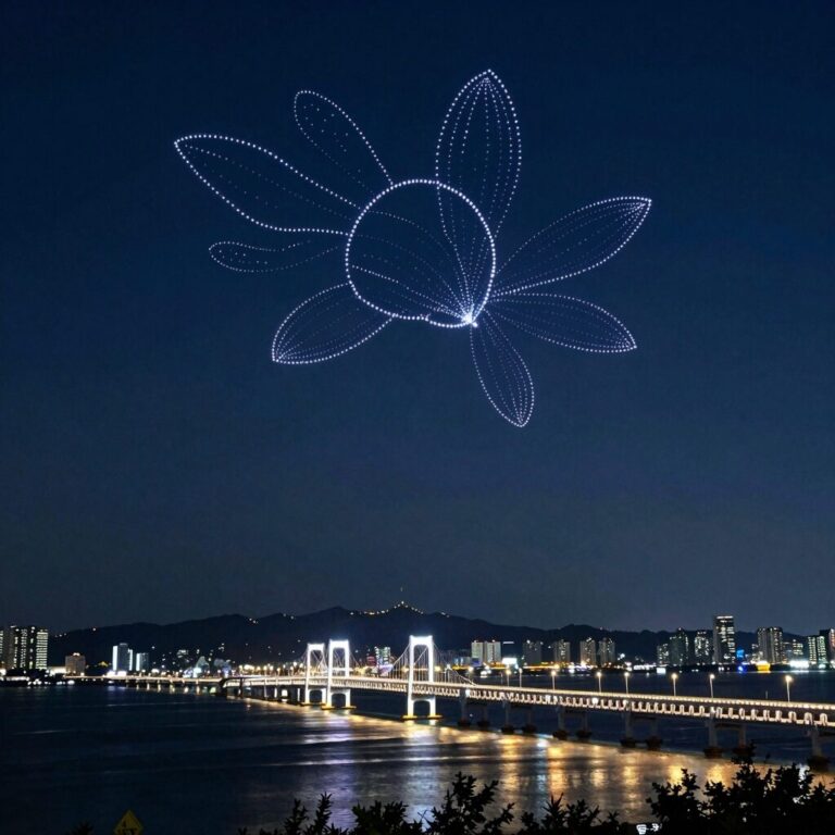광안리해수욕장 밤하늘을 수놓은 드론라이트쇼와 광안대교 야경이 어우러진 풍경