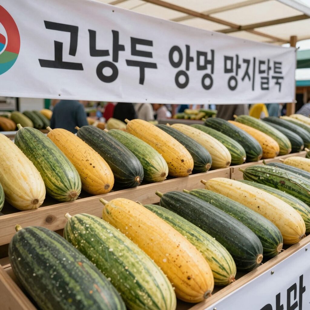 고당도 양평 명품 수박 여러 통이 진열되어 있고 뒤에 축제 현수막이 걸려 있는 모습