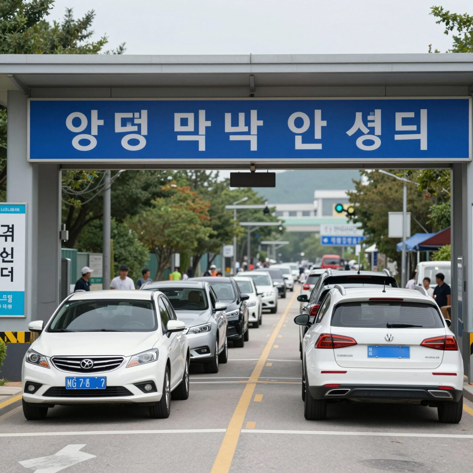 양평수박축제 행사장 입구에 설치된 주차 안내 표지판과 줄지어 선 차량들