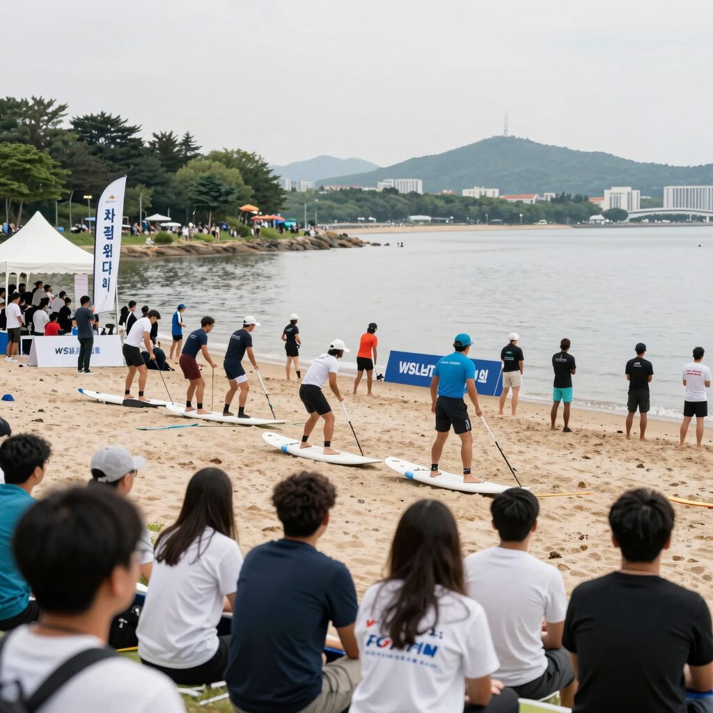 시흥 웨이브파크에서 펼쳐지는 WSL 국제 서핑대회 경기 장면과 관중들의 모습