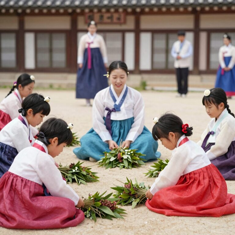 영광 법성포 단오제 행사장에서 가족들이 창포 머리감기와 전통놀이를 체험하고 있는 모습