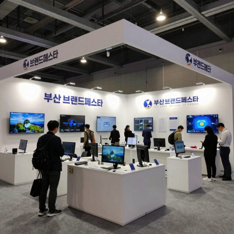 부산브랜드페스타 벡스코 전시장 부스全景 다양한 기업 부스가 줄지어 늘어선 풍경