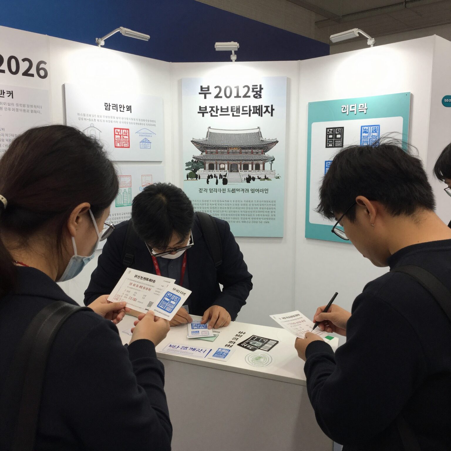 2026 부산브랜드페스타 이벤트 부스에서 관람객들이 스탬프 투어와 현금 쿠폰 이벤트에 참여하고 있는 모습