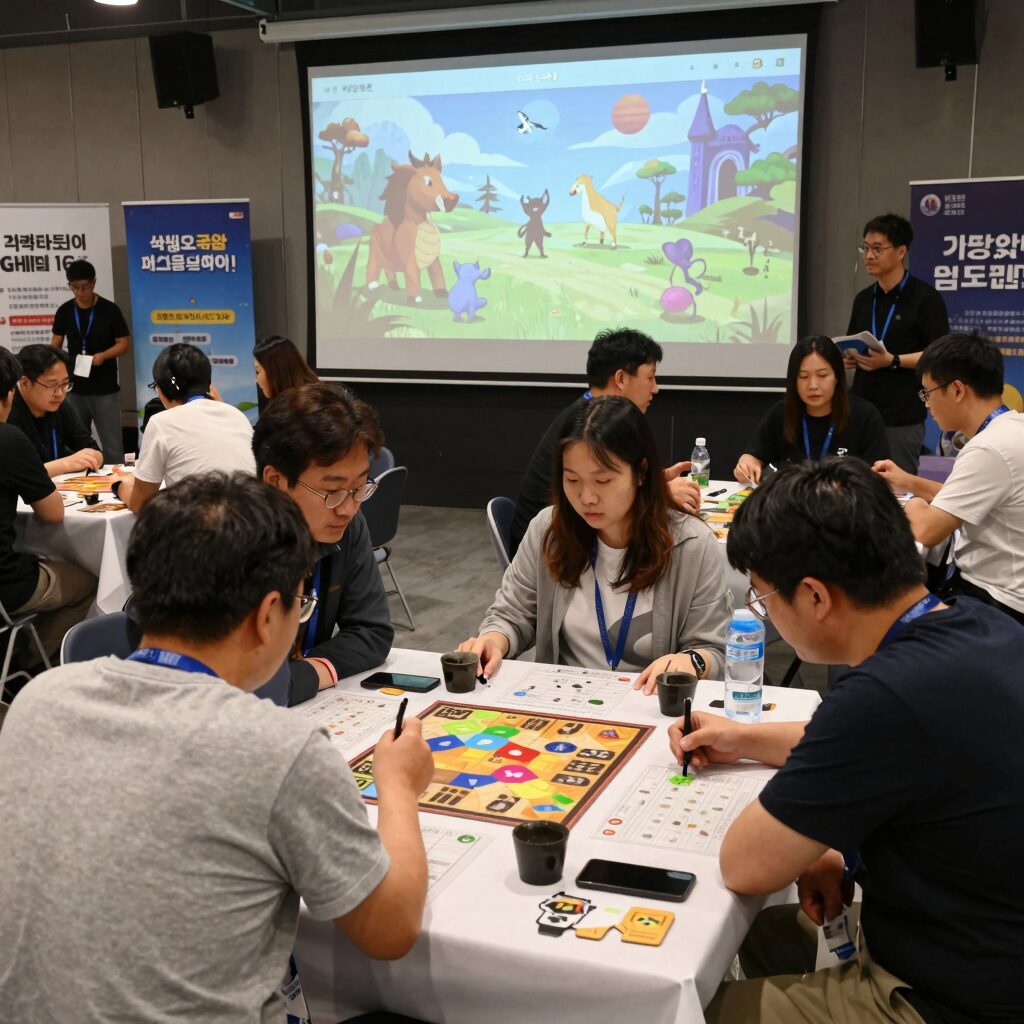 2026 보드게임콘이 열리는 서울 코엑스 B1홀 전경 사진으로 많은 사람들이 보드게임을 체험하고 있음