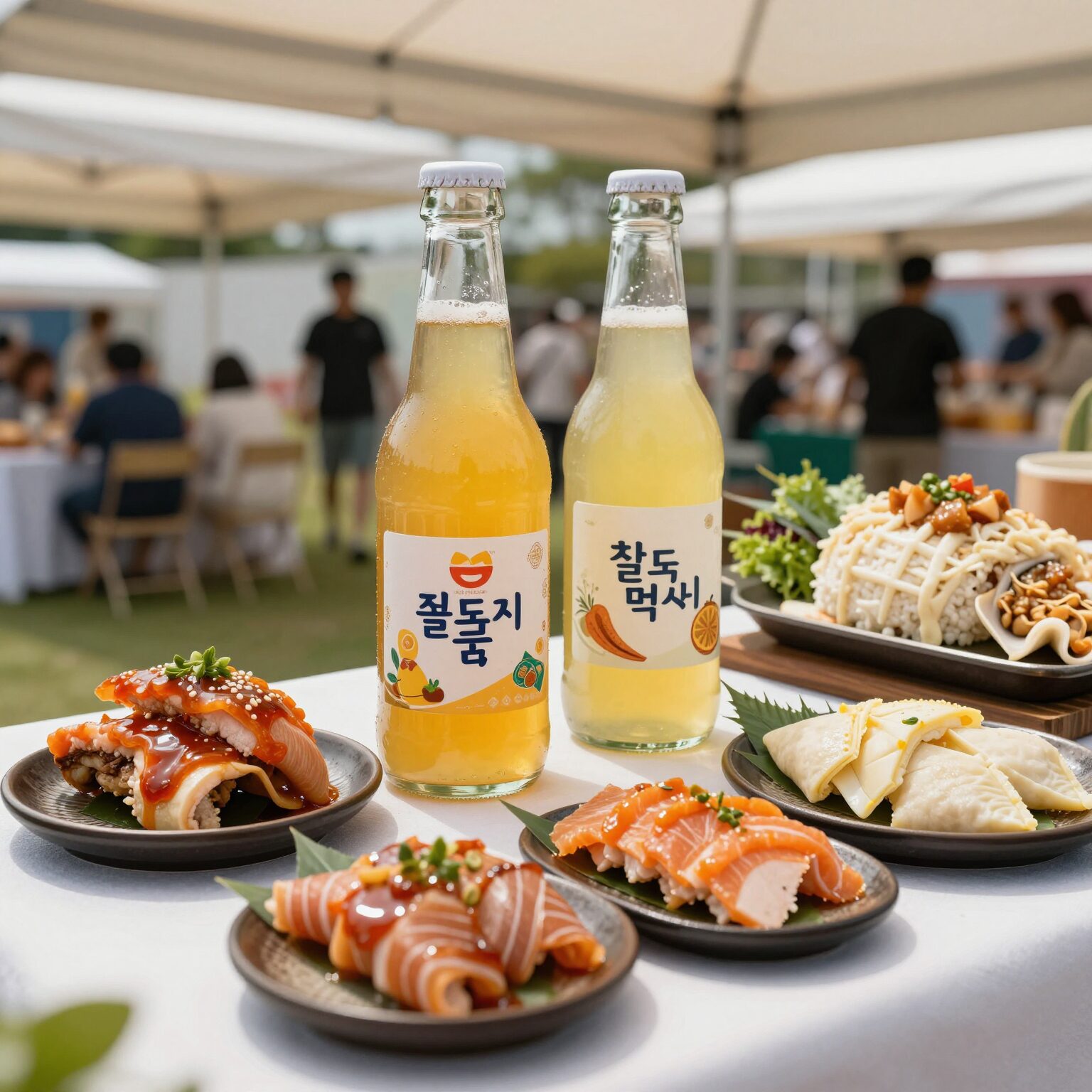 칠곡 꿀맥주와 분도소시지가 테이블 위에 놓여 있는 모습으로, 여름 축제의 대표적인 푸드 페어링을 보여준다.