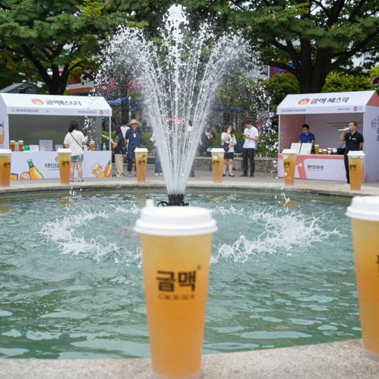 칠곡 평화 분수에서 열리는 꿀맥 페스티벌 전경으로 시원한 분수와 맥주 부스가 보이는 모습