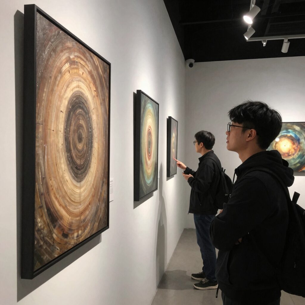 실내 전시관에서 관람객이 작품을 살펴보는 클로즈업