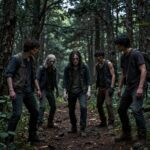 경주 EX HORROR 시즌6 신라X좀비 체험 경주 화랑숲에서 펼쳐지는 EX HORROR 시즌6 신라X좀비 야간 체험 현장 사진, 어두운 숲길에 좀비 배우와 조명 연출