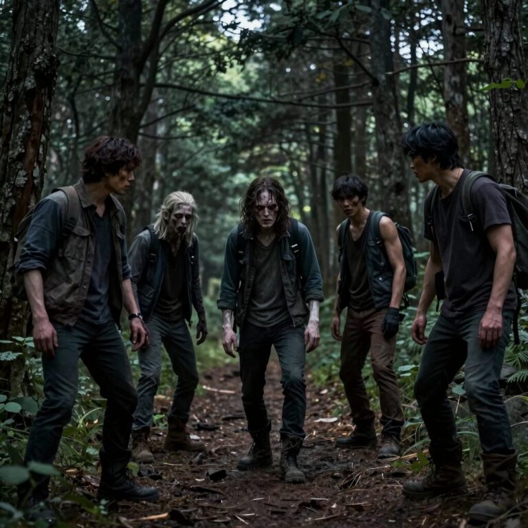 경주 화랑숲에서 펼쳐지는 EX HORROR 시즌6 신라X좀비 야간 체험 현장 사진, 어두운 숲길에 좀비 배우와 조명 연출