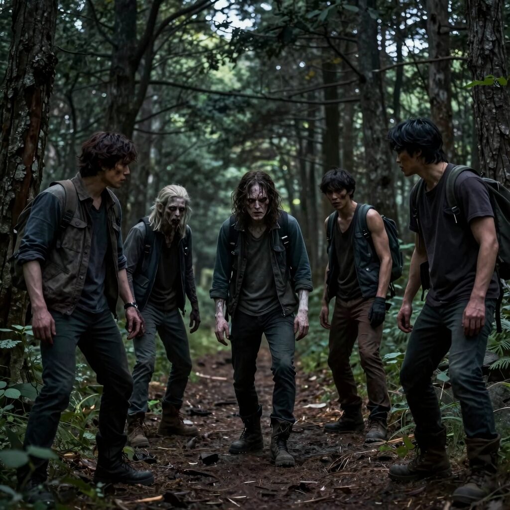 경주 화랑숲에서 펼쳐지는 EX HORROR 시즌6 신라X좀비 야간 체험 현장 사진, 어두운 숲길에 좀비 배우와 조명 연출