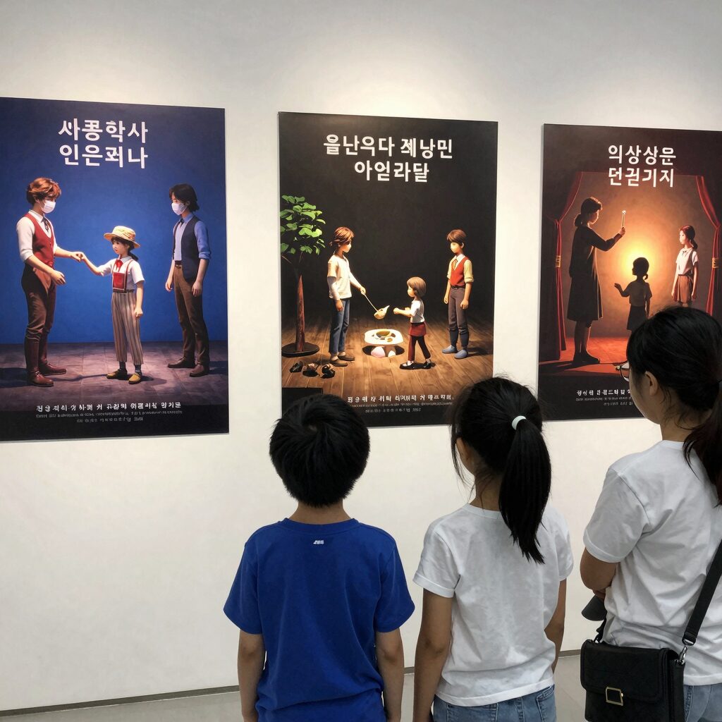 경기아트센터 앞에서 가족이 인형극 포스터를 보고 있는 모습