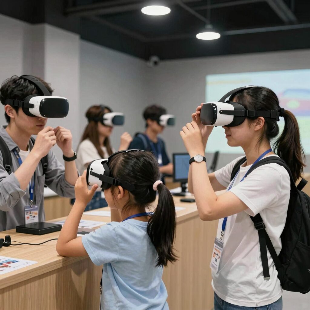 홍천 e스포츠 페스티벌 가족 체험존에서 VR 기기를 체험하는 아이와 부모의 모습