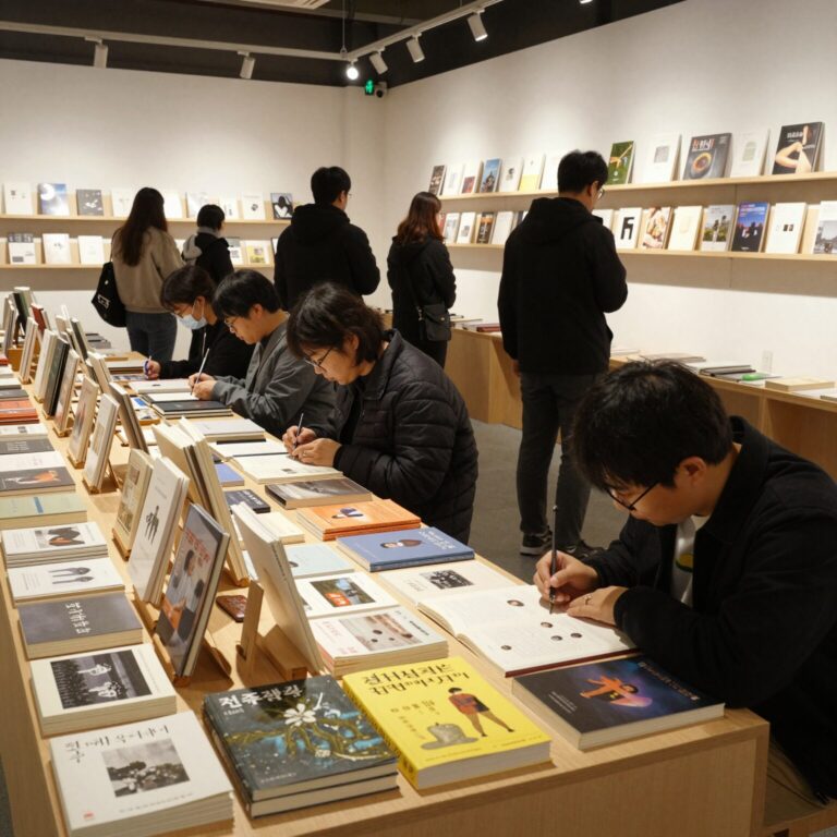 전주책쾌 북페어 행사장 내부에서 다양한 독립출판물을 구경하는 사람들의 모습