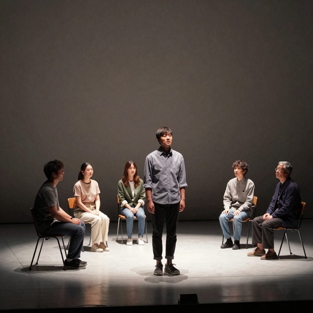 인형극 공연 무대와 관객의 모습, 아이들이 집중해서 인형극을 바라보고 있음