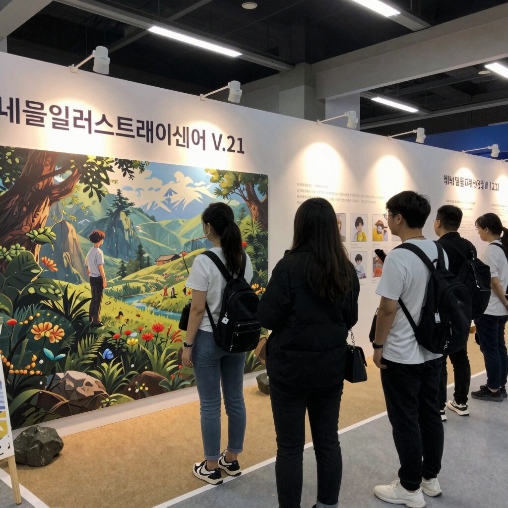 2026년 서울일러스트레이션페어 V.21 전경과 방문객들이 부스 구경하는 모습