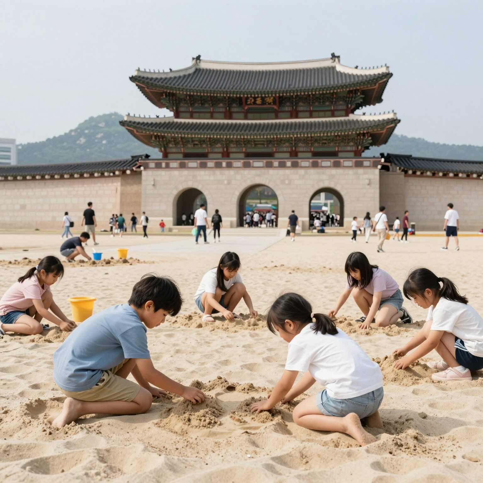 광화문광장 서울썸머비치 샌드아지트에서 아이들이 모래놀이를 즐기는 모습