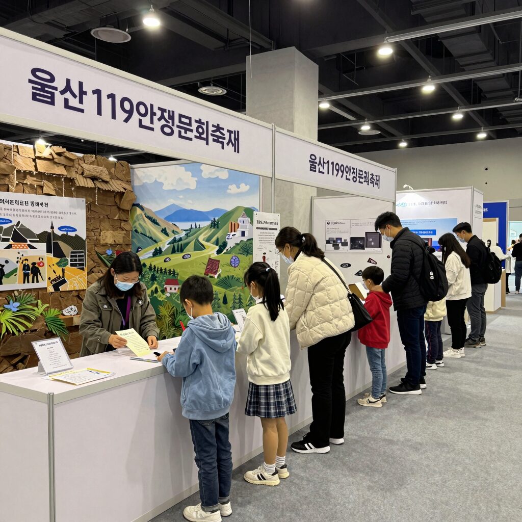 울산119안전문화축제 실내 전경으로 다양한 체험 부스가 설치되어 있고 가족 단위 방문객들이 줄을 서서 기다리는 모습