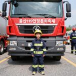 울산119안전문화축제에서 어린이가 소방관 복장을 입고 소방차 앞에서 포즈를 취하고 있는 모습
