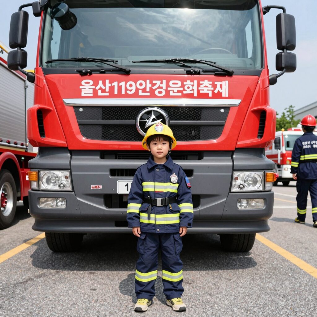 울산119안전문화축제에서 어린이가 소방관 복장을 입고 소방차 앞에서 포즈를 취하고 있는 모습
